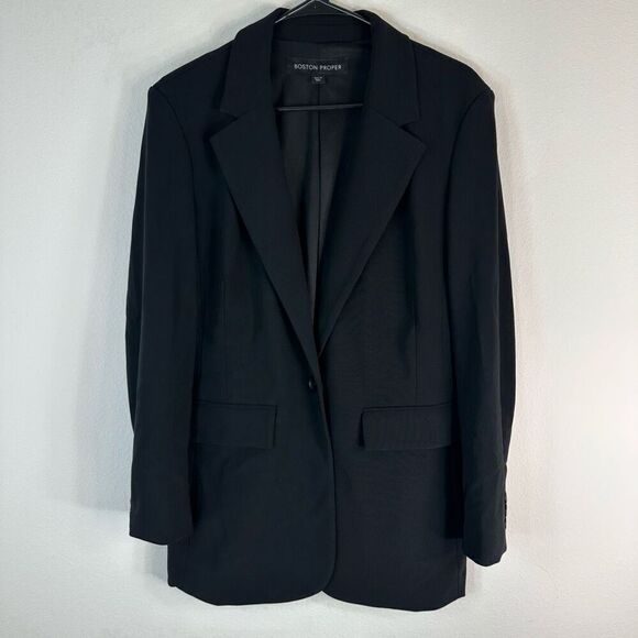 Boston Proper Beyond Travel Classic Boyfriend Blazer Womens 14 Black One Button - Picture 1 of 10